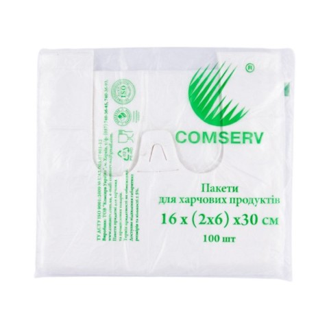 Пакет майка 16(2х6)x30 Comserv білий уп. 1/100