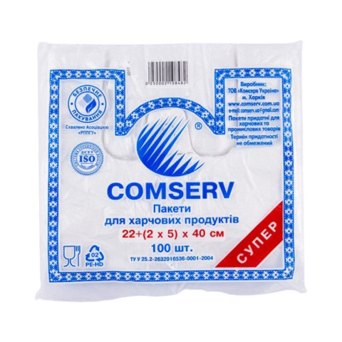 Пакет майка 22(2x5)40 Comserv білий уп. 1/100 Пакет майка 22(2x5)40 Comserv білий уп. 1/100