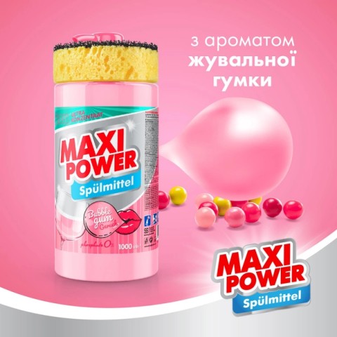 Засіб для миття посуду MAXI POWER 1л Бабл Гам з дозатором та губкою шт.