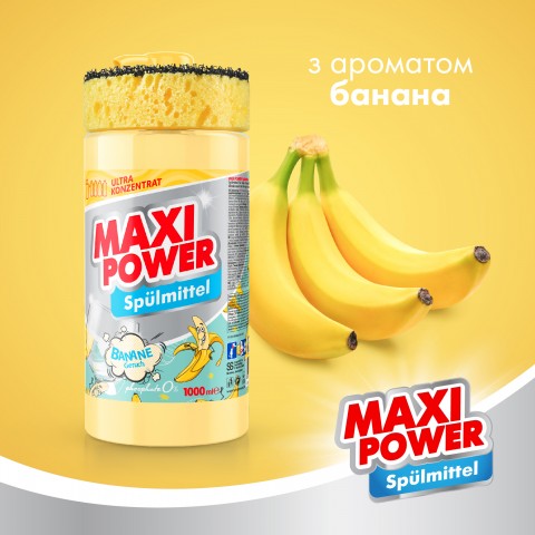 Средство для мытья посуды MAXI POWER 1л Банан с дозатором и губкой шт.