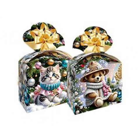 Картонна коробка на 500 гр. № 233 Бант і котик, ведмедик НР