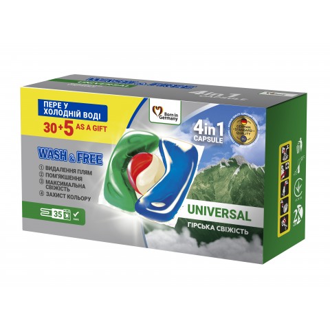 Капсули для машинного прання Wash&Free 30+5шт Гірська свіжість уп. 1/35